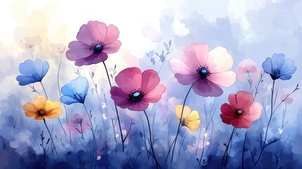 Obraz premium Soft brush strokes create a captivating array of wildflowers in bloom, evoking nature's tranquility and charm, ideal for seasonal designs and decorative projects