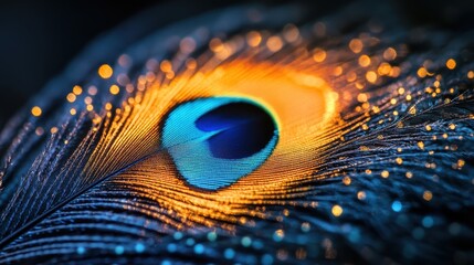 Vivid Peacock Feather Radiating Luminescent Gold and Azure Hues in Fine Art Macro Photography