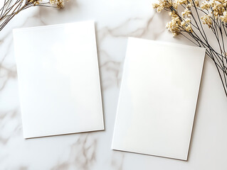 blank letterheads on marble surface surrounded by wedding card mockup, invitation card mockup, birthday card mockup, thank you card mockup, with delicate dry flowers, top view