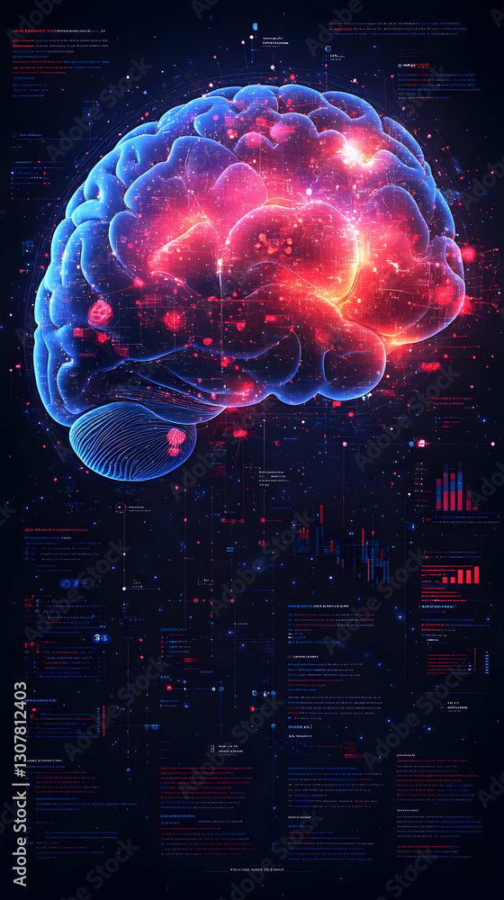 Poster digital brain visualization with glowing red and blue elements
