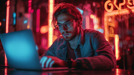 Obraz premium A young man works on a laptop