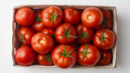 Fresh organic farm tomatoes harvested at peak ripeness, showcasing their vibrant color and natural freshness in a rustic wooden crate