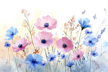 This artwork features a beautiful arrangement of wildflowers in full bloom, highlighted by soft brush strokes and harmonious hues that invoke tranquility and the essence of spring