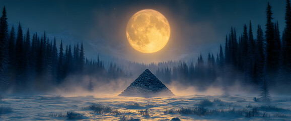 Snowy Winter Landscape With Pyramid Under Full Moon
