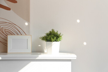 Houseplant and blank frame on mantelpiece in living room