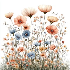 Soft brush strokes create a harmonious blend of colors in this watercolor depiction of wildflowers, capturing nature's beauty and evoking tranquility