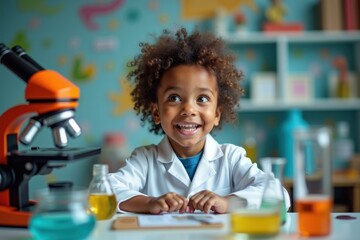 Little girl is sitting at table with microscope