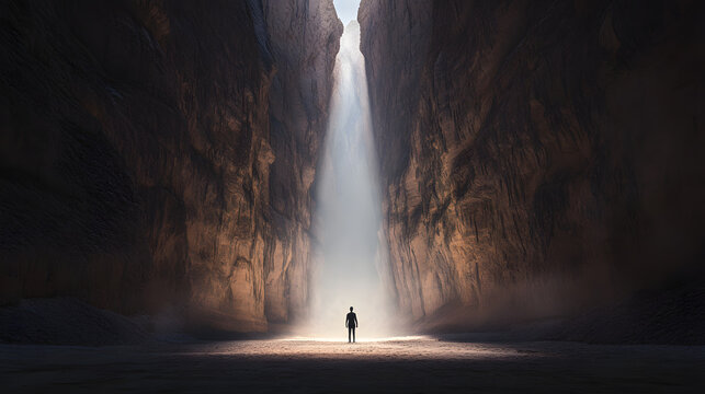 A person standing in the middle of two tall, dark canyons, with a foggy atmosphere
