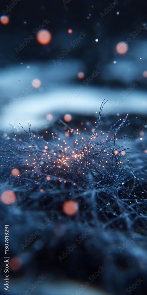 Poster ethereal blue texture with shimmering bokeh lights and delicate branches