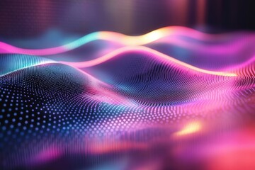 Abstract vibrant wavy landscape of interconnected glowing particles, digital art.