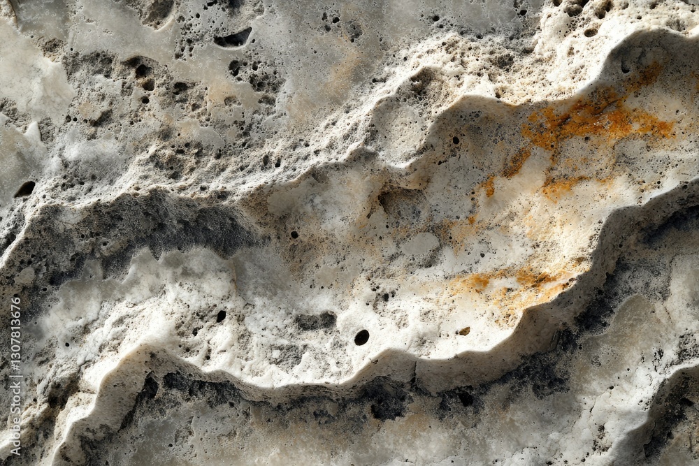 Poster close-up view of a textured rock surface with undulating formations and patches of orange discolorat