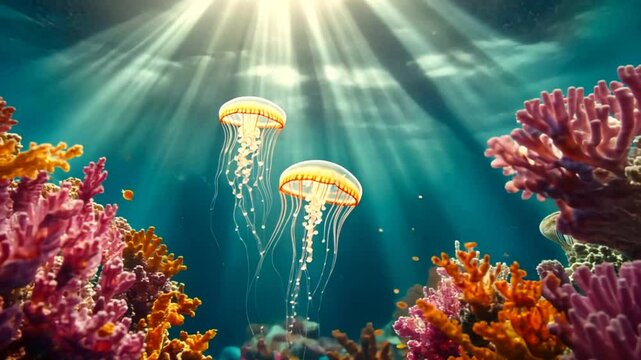 Vibrant underwater scene featuring jellyfish, coral reefs, and sunlight streaming through the ocean water.