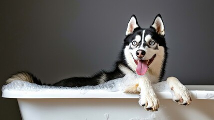 Happy Dog Relaxing in a Bubble-Filled Tub with Goofy Expression