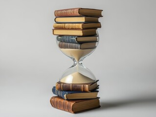 Hourglass Surrounded by Stacked Vintage Books on Soft Background