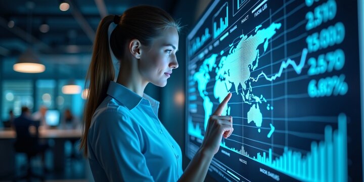 A business professional interacting with a transparent holographic financial dashboard, AI-driven stock market data glowing in neon blue