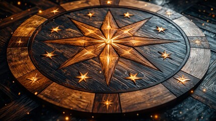Obraz premium Wood star compass glowing on surface. Starry pattern shines on dark wood panel