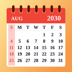 Dynamic August 2030 calendar with a summer-inspired look. Ideal for travel plans, work schedules, and daily organization.
