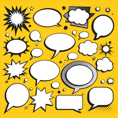 Comic speech bubbles set. Retro empty message bubble with black halftone shadows on yellow background. Vintage design, pop art style.