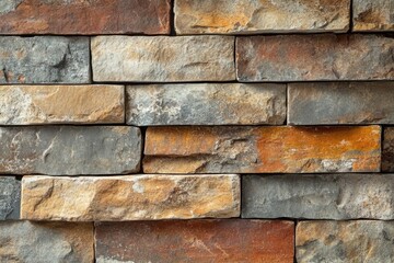 A close-up of a multicolored stone wall featuring various shades of brown, gray, and tan.
