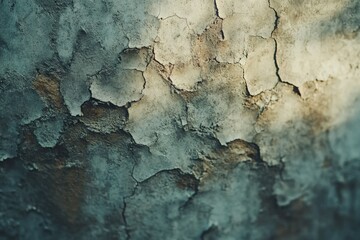 Obraz premium Close-up of a weathered, cracked wall with teal and beige tones, showing texture and age.