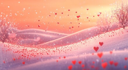 Winter love scene, hearts falling over hills at sunrise. Possible use greeting card, wallpaper, social media