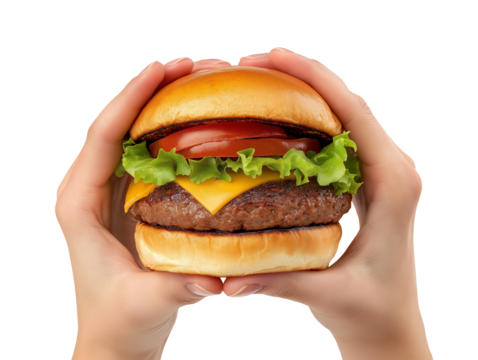 A mouthwatering, juicy burger held in hands, isolated on a transparent or white background.