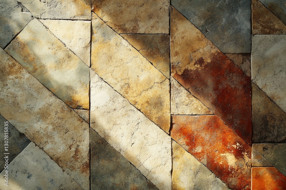 Poster geometric pattern of multicolored stone tiles, illuminated by diagonal sunlight.