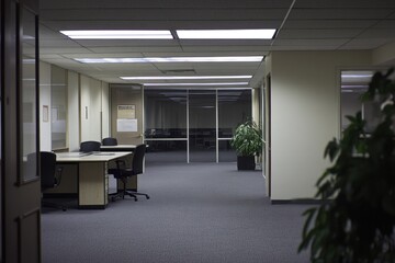 Fototapeta premium Empty office hallway, dimly lit, with desks and plants.
