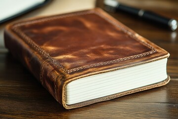 Obraz premium A rustic brown leather journal with stitched edges rests on a wooden surface.