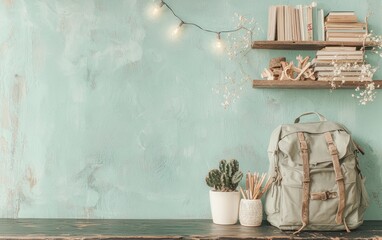 Backpack, books, plants, and lights on teal wall.