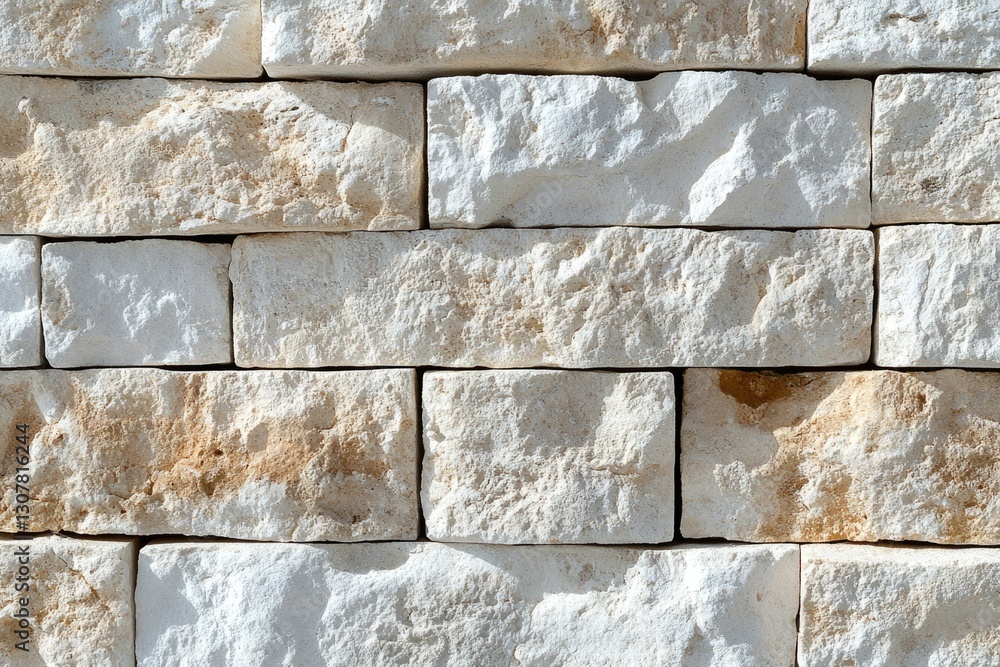 Poster a textured wall of off-white and beige rectangular stone blocks, creating a rustic aesthetic.