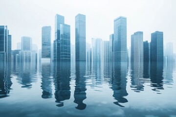 Fototapeta premium Urban Landscape with Reflection in Calm Water Under Foggy Sky