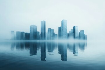 Fototapeta premium Modern City Skyline Reflected in Calm Water Under Foggy Conditions