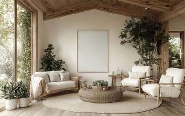 Fototapeta premium Cozy living room with wooden accents, neutral palette, and large windows showcasing nature views.
