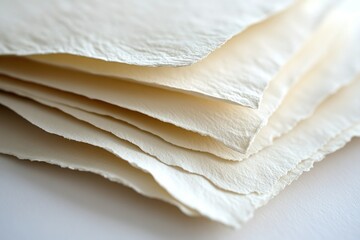 Obraz premium A close-up of a stack of textured, off-white handmade paper sheets with deckled edges.