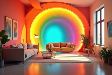 Room is decorated with colorful rainbow - colored wall and couch