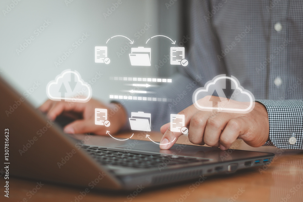 Aufkleber Transfer document to data folder. Cloud backup data download management, exchange file copy, DMS loading. Data transfer technology concept. FTP(File Transfer Protocol) files recovery computer backup.