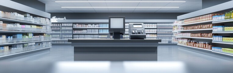 Obraz premium Empty pharmacy interior with shelves and checkout.