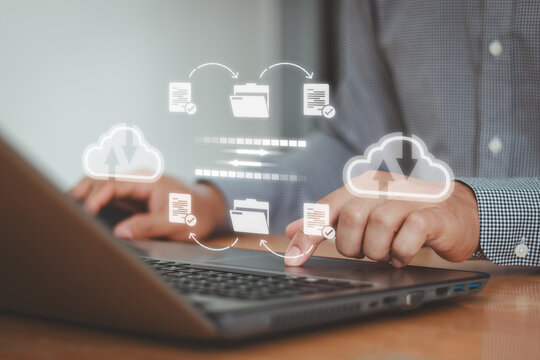 Transfer document to data folder. Cloud backup data download management, exchange file copy, DMS loading. Data transfer technology concept. FTP(File Transfer Protocol) files recovery computer backup.