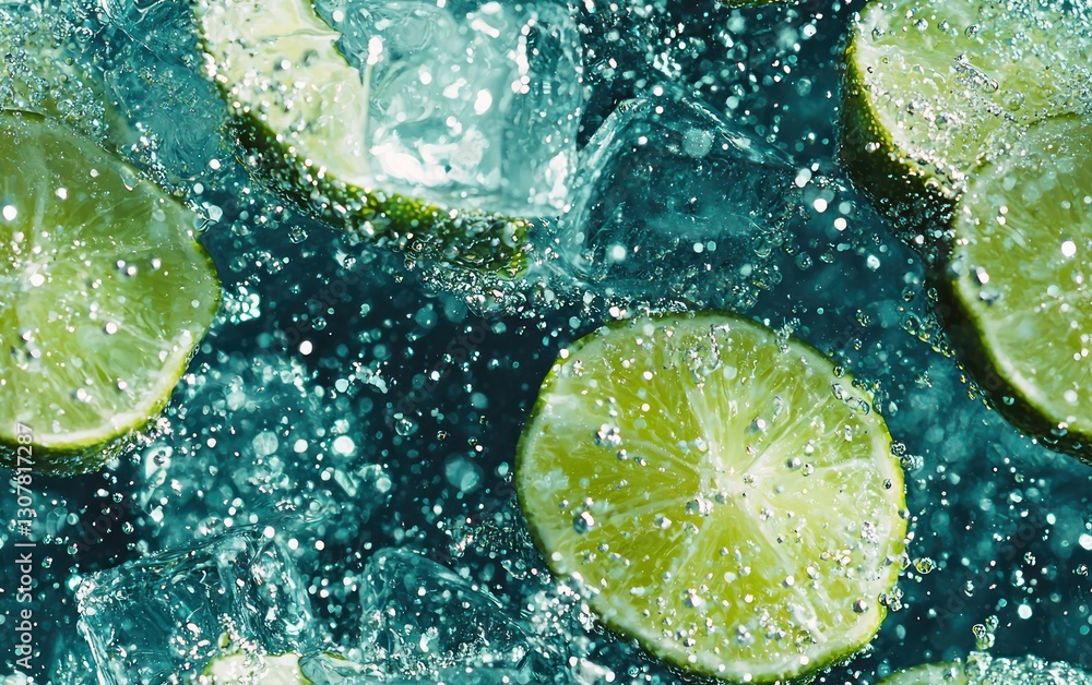 Poster refreshing lime slices submerged in icy water with bubbles.