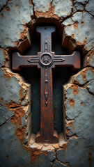 A rusted metal cross with peeling paint protruding from a weathered wall.