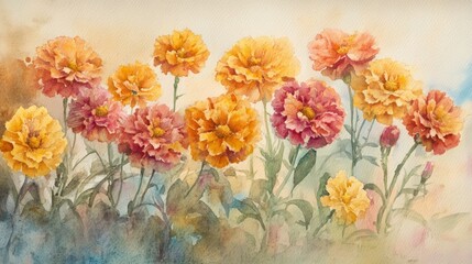 Obraz premium Watercolor painting of marigolds in garden