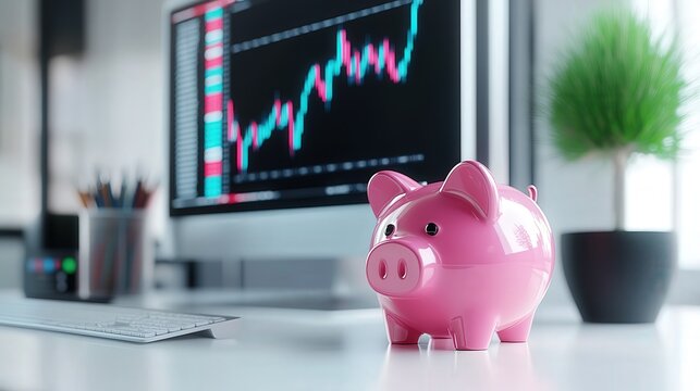 a computer showing financial market charts and a piggy bank,   - Powered by Adobe