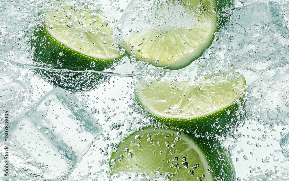 Poster close-up of lime slices submerged in sparkling water with ice cubes.
