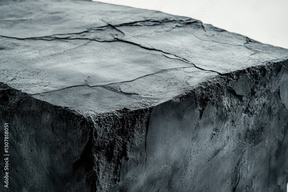Poster dark gray stone block with rough texture and visible cracks, suggesting age and weathering.