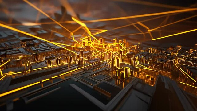 An abstract glowing city map showcasing illuminated infrastructure and buildings in a futuristic design.