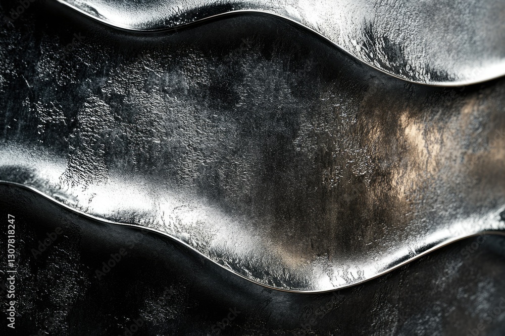 Poster abstract image of undulating metallic surface with a textured, dark gray and silver finish.