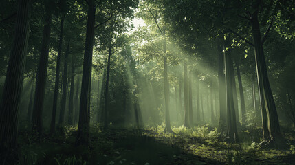 Obraz premium A Summer Forest with Tall, Straight Trees and Sunlight Filtering Through the Leaves, Offering a Spacious Forest Floor Ideal for Placing Banners or Text