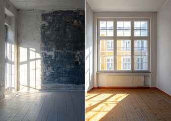 Empty room before and after renovation. Sunlight streams into a freshly renovated room, contrasting with a dilapidated, neglected space.