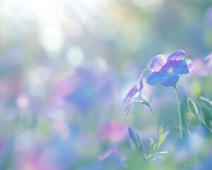 Two delicate blue and purple flowers illuminated by sunlight in a garden
